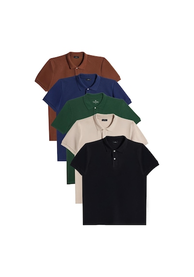 Tudors Erkek 5'li Paket Kahverengi-lacivert-koyu Yeşil-taş-siyah Slim Fit Pamuklu Düz Pike Polo Yaka Tişört-35585 Multi