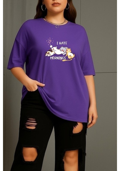 Büyük Beden Uyuyan Kediler Unisex Tişört Mor