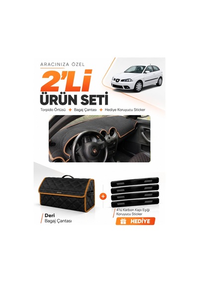 Seat Ibıza 2001-2008 Uyumlu Torpido Örtüsü + Deri Bagaj Çantası + Sticker Seti - Siyah Kahverengi