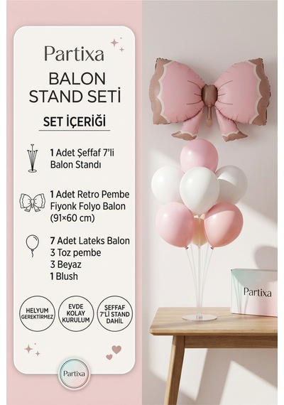 Retro Pembe Fiyonk Balon Stand Seti Şeffaf 7 Li Stand + Retro Pembe Fiyonk Folyo Balon 91 60 Cm + 7 Lateks Balon Beyaz - Pembe