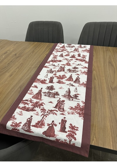 Toile De Jouy Paris Runner 40x110 Cm %100 Pamuk Dijital Baskılı Masa Örtüsü Klasik Fransız Tarzı Masa Dekoru - Zt700 Kırmızı