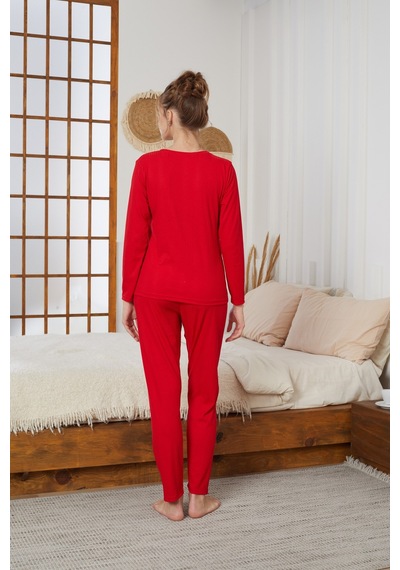 Siyah İnci Love Nakışlı Fitilli Örme Pijama Takım25226001 Kırmızı