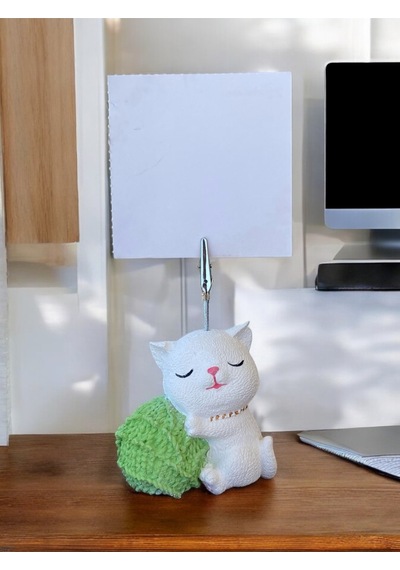 Yeşil Yumak Tutan Oturan Kawaii Kedi Temalı Not Tutacağı Fotoğraf Tutacak Tutucu Ofis Seti Hediyelik Yeşil