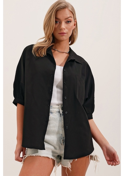 Bigdart 20213 Oversize Kısa Kol Basic Gömlek - Siyah 001