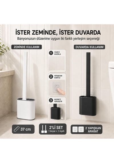 Lexroo 2li Set Beyaz Ve Siyah Renk Silikon Tuvalet Fırçası Set Bükülebilir Pratik Silikon Wc Klozet