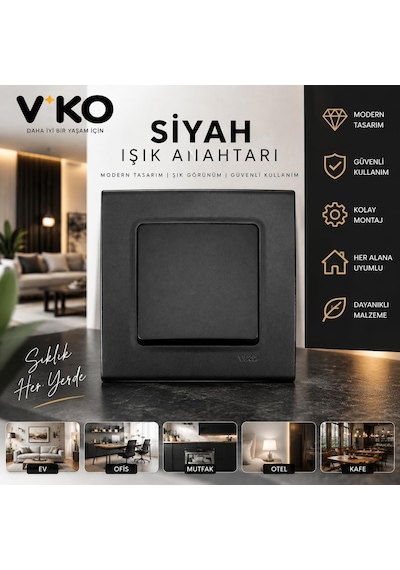 Tr Viko Gece Siyah Işık Anahtarı Modern Dekoratif Duvar Anahtarı