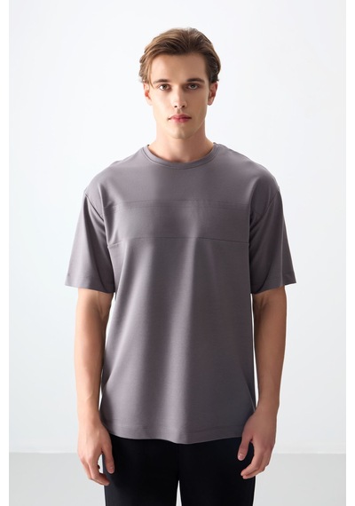 Air Jones Tommy Life Koyu Gri Pamuklu Kalın Yumuşak Dokulu Oversize Fit Basic Erkek T-shirt - 88378 Koyu Gri