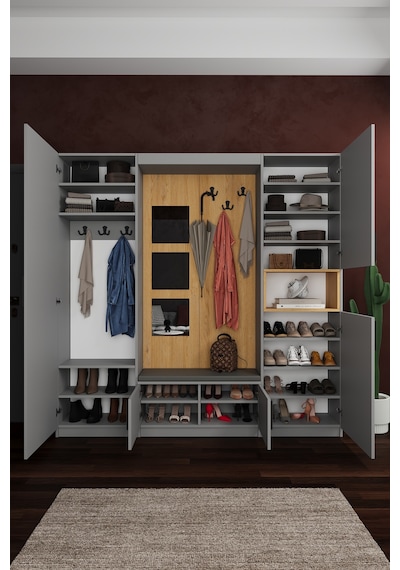 Lüks Aynalı Portmanto Askılı Vestiyer %100 Mdf Çok Raflı Ayakkabılık V04 Kül Gri - Karina Lüks Aynalı Portmanto Askılı Vestiyer %100 Mdf Çok Raflı Ayakkabılık V04 Kül Gri - Karina