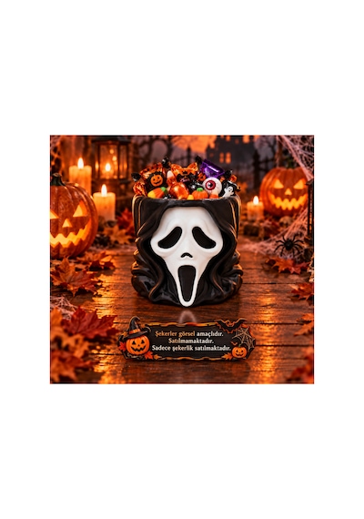 Cadılar Bayramı Çığlık Maskesi Şekerlik Halloween Korku Temalı Dekoratif Şeker Çikolata Kasesi Siyah - Beyaz Siyah - Beyaz
