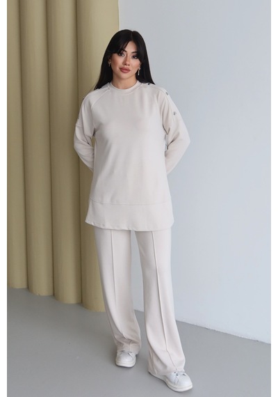 Balenbi Omuz Çıtçıt Detaylı Bisiklet Yaka Oversize Modal Tesettür Takım 1178 Taş