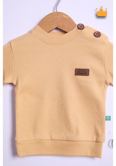Babyhola Kız Erkek Bebek Takım Pamuk Düğmeli Sweat Düğmeli Alt Üst Takım 236312 Bej