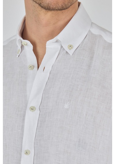 İmza Uzun Kol Düz Keten Düğmeli Yaka Cepsiz Casual Comfort Fit Gömlek 1004250114 Beyaz