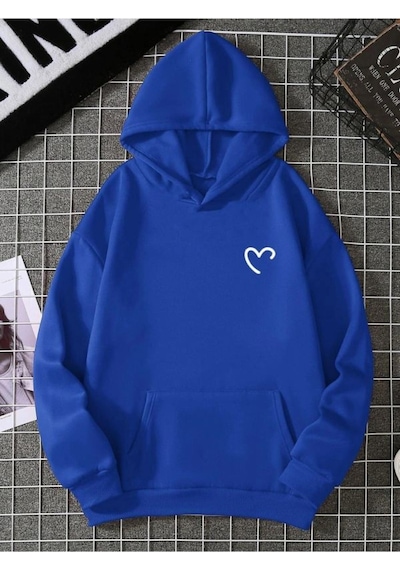 Yarım Kalp Sweatshirt - Sax Mavi Baskılı Oversize Kışlık Kalın Kapüşonlu Saks Mavi