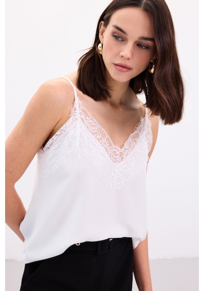 Sateen Dantel Detaylı Askılı Bluz - Ekru-136875 Ekru