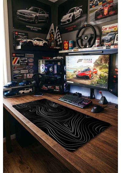 Minimal Siyah Topografik Çizgiler 40x90 Cm Oyuncu Mousepad Kaymaz Taban Büyük Boy Mousepad