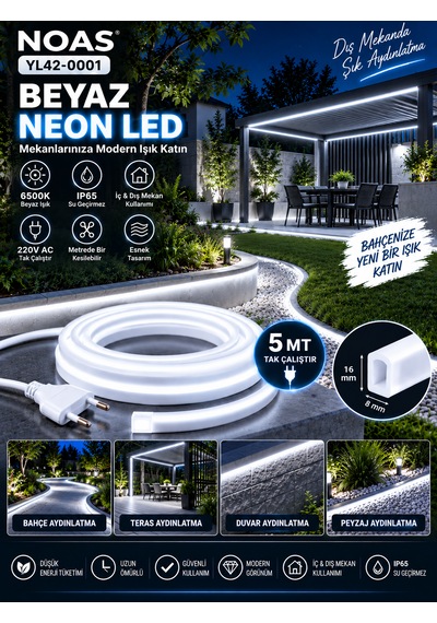 Tak Çalıştır 5 Metre Esnek Noas 6500k Beyaz Neon Led Montaj Aparatı Dahil 220v Tak Çalıştır Ip65 Esnek Hortum Led 8x16 Mm Iç Dış Mekan 6500K - Beyaz Işık