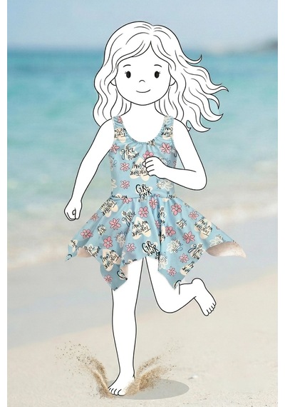 Zuzunga Girl Power Çiçek Desenli Kız Çocuk Mavi Mayo Elbise