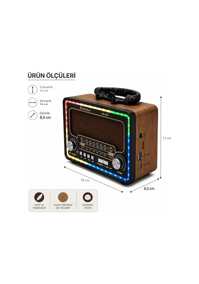 Gold Silver Gs-1375 Nostaljik Radyo - Bluetoothlu, Güneş Panelli, Şarjlı Fenerli Taşınabilir Hoparlör