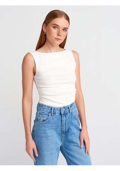 Dilvin 31589 Büzgülü Kayık Yaka Top-ekru Ekru