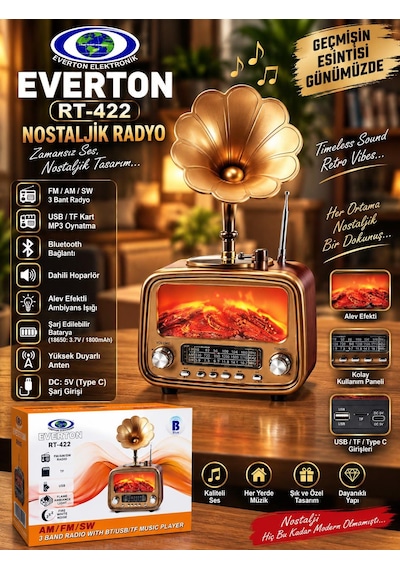 Everton Rt-422 Bluetooth Fm-usb-tf-aux Şarjlı Nostaljik Radyo Gramafon Alev Ambiyans Işığı Şömine Çıtırtı Sesli