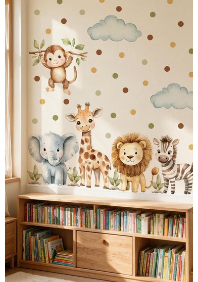 Safari Hayvanları Duvar Sticker Seti 88 Parça Fil, Zürafa, Aslan, Zebra,maymun Çocuk Odası Sticker Çok Renkli