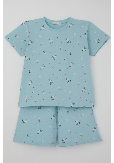 Breeze Kız Çocuk Şortlu Pijama Takımı Çiçek Desenli 4-8 Yaş, Açık Mavi
