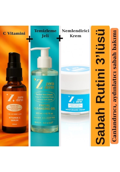 3 Lü Sabah Cilt Bakım Seti Yüz Temizleme Jeli + C Vitamini Serumu + Nemlendirici Krem