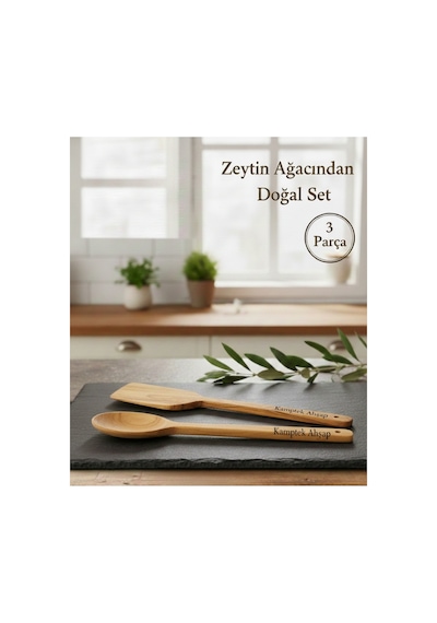 Kamptek Ahşap Zeytin Ağacı 3'lü Mutfak Seti - El Yapımı Doğal Spatula Ve Kaşık Seti Ahşap