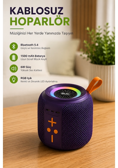Taşınabilir Bluetooth Hoparlör 6w Güçlü Ses, Rgb Led Işık, 1500 Mah Batarya, Tf Kart Destekli Kablosuz Mini Hoparlör