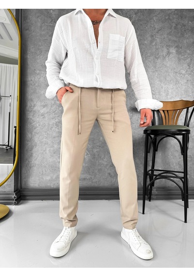 Modefendi İp Ve Düğme Detaylı %100 Gofre Kumaş Jogger Pantolon Krem