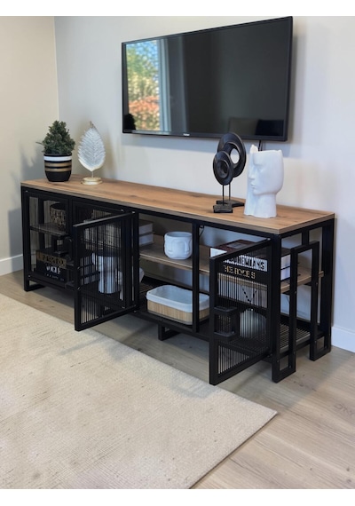 Dekoratif Metal Gövdeli Ahşap Raflı Tv Ünitesi 3 Raflı 4 Kapaklı Tv Sehpası 150 X 36 Cm Televizyon Ünitesi Siyah