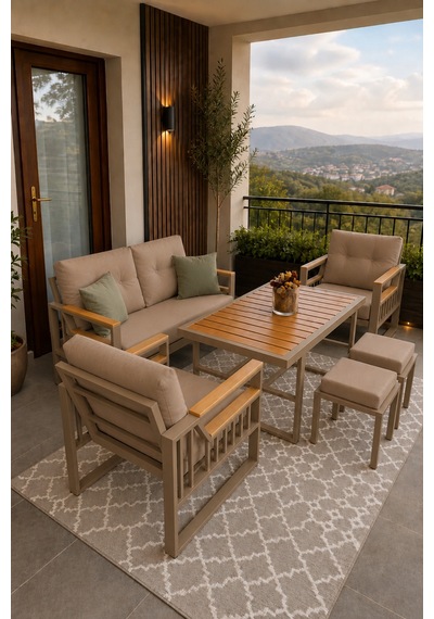 Esinti Serisi Balkon Takımı, 2-1-1 Cappuccino Bahçe Takımı, 2'li Koltuk 70x150, 2 Tekli Koltuk 70x70, Masa 70x110, 2 Puf Cappuccino Esinti Serisi Balkon Takımı, 2-1-1 Cappuccino Bahçe Takımı, 2'li Koltuk 70x150, 2 Tekli Koltuk 70x70, Masa 70x110, 2 Puf Cappuccino