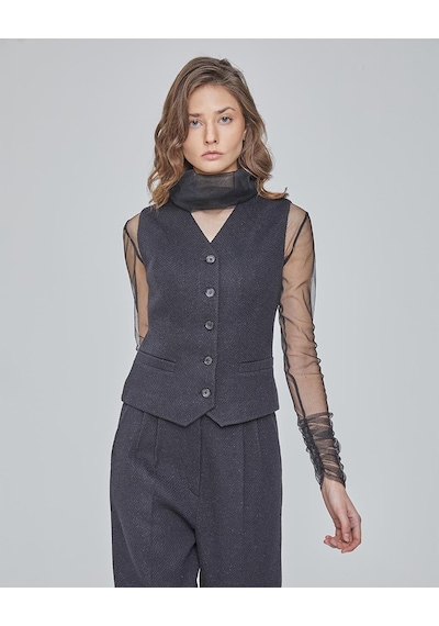 Örme Siyah Palazzo Pantolon-yelek Takım 001