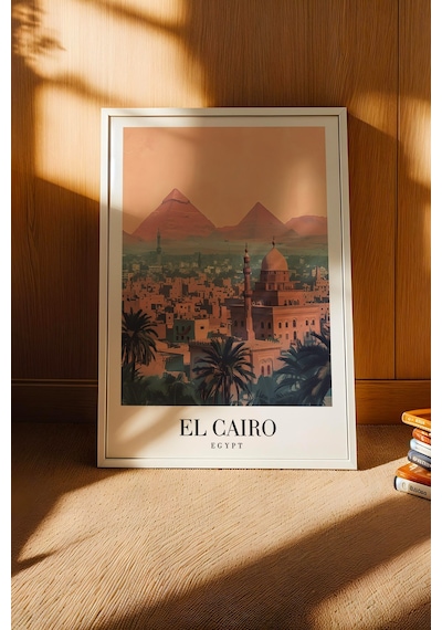 Cairo Egypt Vintage Seyahat Posteri Çerçeveli Tablo - Premium Piramitler Elit Duvar Dekoru Beyaz