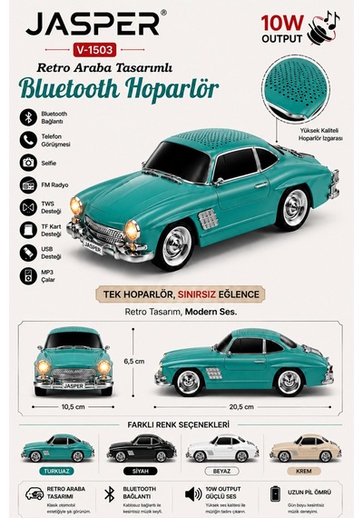 Jasper Jpr-1503 Turkuaz 10w Bluetooth Hoparlörlü Retro Araba Tasarım Fm Radyo, Usb, Tf Kart, Aux Ve Mp3 Çalar 65025441