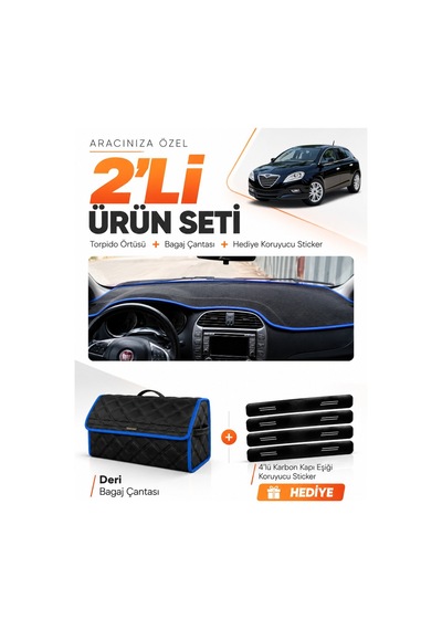E-biz Lancia Delta 2008-2014 Uyumlu Torpido Örtüsü + Deri Bagaj Çantası Seti - Siyah-mavi - Ln001