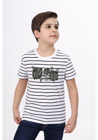 Toontoy Kids Toontoy Erkek Çocuk Baskılı Bisiklet Yaka Kısa Kollu Çizgili Tişört Haki