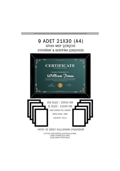 Yhfoto 9 Adet A4 Siyah Mdf 21x30 & Sertifika Siyah 21 X 30