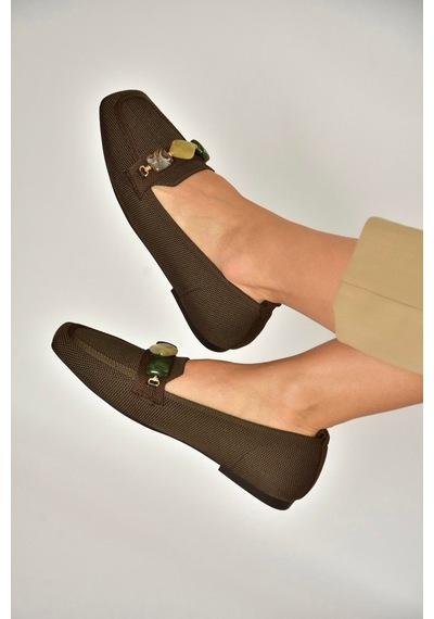 Fox Shoes Y820400304 Kahverengi Triko Kumaş Boncuk Detaylı Kadın Babet Kahverengi