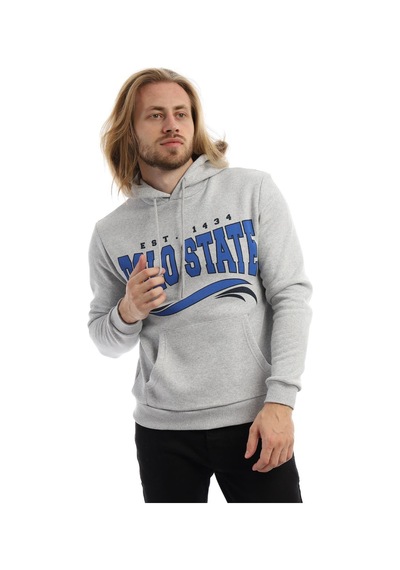 Polostate Erkek Polo State Baskılı Kapüşonlu 3 İplik Şardonlu Sweatshirt Gri Melanj