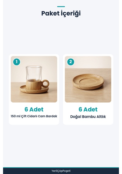 12 Parça Çay Seti - Bambu Bardak Altlığı - Çift Cidarlı Cam - 150 Ml Şeffaf