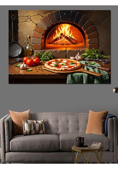 Odun Ateşinde Pişen Taş Fırın Pizza Dekoratif Kanvas - Mdf Ahşap Tablo