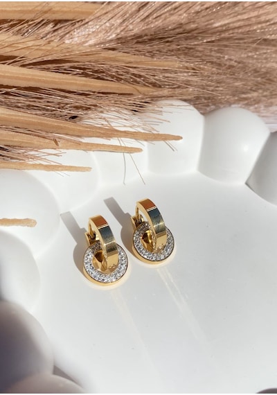 Altın / Gold Renk Zirkon Taşlı Diskli 316l Çelik Küpe