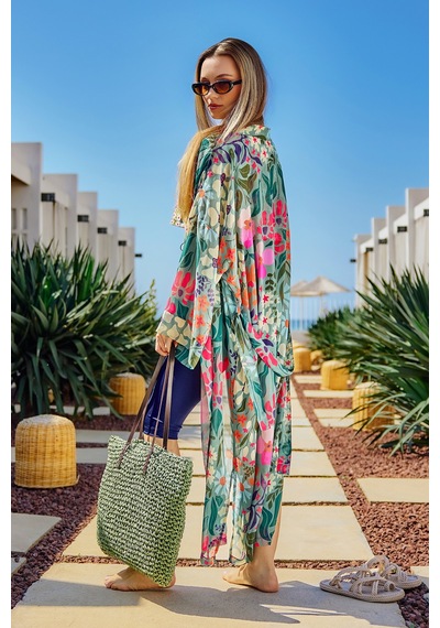 Remsa Mayo Remsa Tesettür Mayo Üzerine Tek Kaftan Kimono Pareo Yeşil Rp026 Patara Yeşil