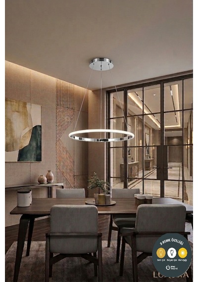 Tekli Halka Krom Led Sarkıt Avize 3 Renkli Modern Salon & Antre Aydınlatma