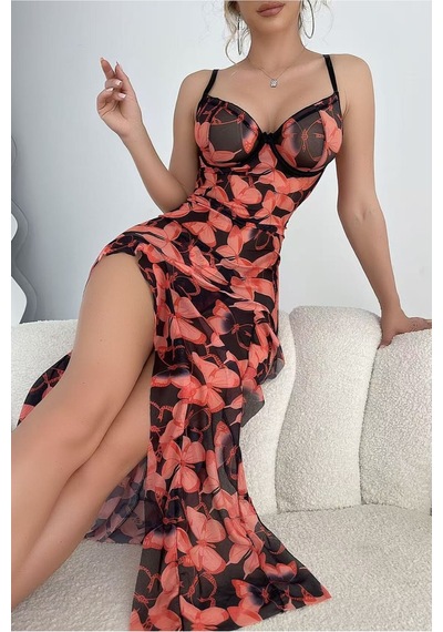 Bella Notte Siyah Kelebek Etkisi Derin Dekolteli Yırtmaçlı Gecelik