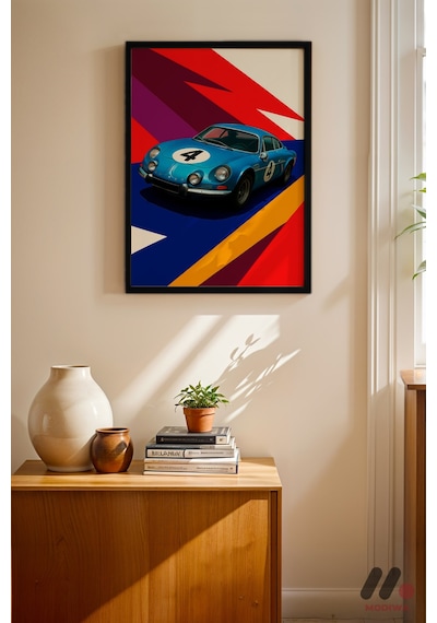 Mavi Ralli Arabası Pop Art, Siyah Çerçeveli Duvar Tablosu - Oto Severlere Özel Hediye