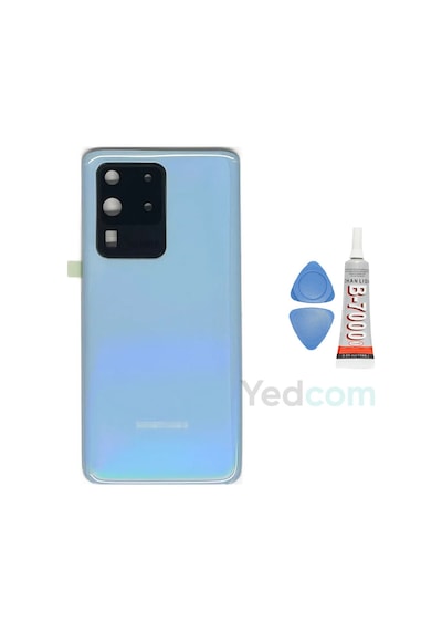 Samsung S20 Ultra Mavi Uyumlu Kamera Camlı Arka Cam Batarya Pil Kapağı Telefon Arka Kapak