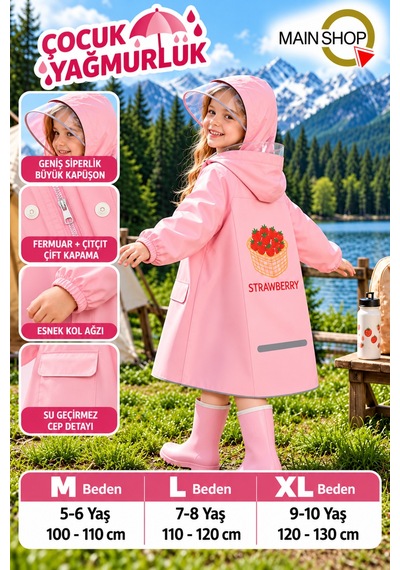 Mainshop Şeffaf Siperlikli Çıtçıtlı Ve Fermuarlı Taşıma Çantalı 4 Renk Çocuk Yağmurluk 9-10 Yaş L - Xl Pembe