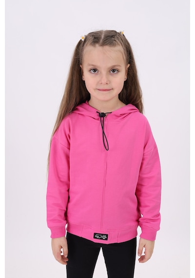 Kız Çocuk Oversize Kapüşonlu Düşük Omuz Baskılı Nervürlü Sweatshirt - 2 İplik Fuşya